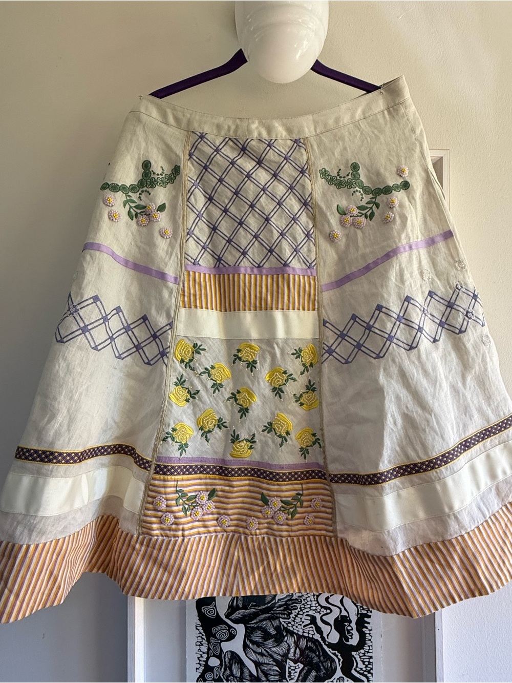 Oilily Cream Patchwork A-Line Skirt with Yellow & Lilac Accents